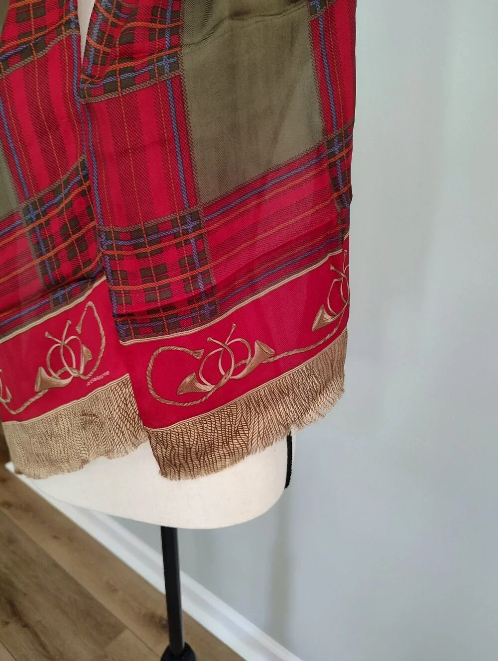 Vintage Liz Claiborne Japanese Silk Stole Scarf Equestrian Hunt Red Gold Horns